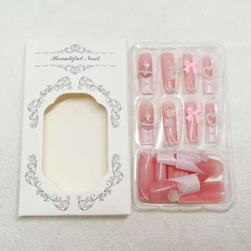 24pcs Long Square Press on Nails French Tip Fake Nails 3D Bow Heart Pearls Planet Charms Rhinestones Designs Acrylic Nails Glossy Pink Full Cover Glue on Nails for Women Girls Manicure Decoration