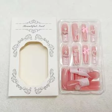 24pcs Long Square Press on Nails French Tip Fake Nails 3D Bow Heart Pearls Planet Charms Rhinestones Designs Acrylic Nails Glossy Pink Full Cover Glue on Nails for Women Girls Manicure Decoration