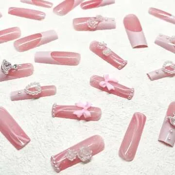 24pcs Long Square Press on Nails French Tip Fake Nails 3D Bow Heart Pearls Planet Charms Rhinestones Designs Acrylic Nails Glossy Pink Full Cover Glue on Nails for Women Girls Manicure Decoration