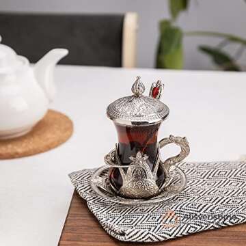 Alisveristime Handmade Turkish Tea Glass Set - Traditional Turkish Motifs, Set of 6 with Lids and Bo...
