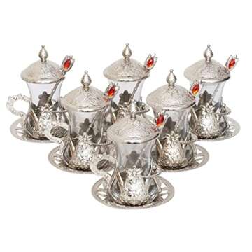 Alisveristime Handmade Turkish Tea Glass Set - Traditional Turkish Motifs, Set of 6 with Lids and Bonus Tea Spoons (Silver)