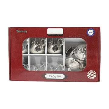 Alisveristime Handmade Turkish Tea Glass Set - Traditional Turkish Motifs, Set of 6 with Lids and Bonus Tea Spoons (Silver)