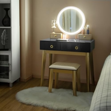 CHARMAID Vanity Desk with Lighted Mirror, Black Makeup Vanity Table with 4 Storage Drawers, 3 Lighting Modes, Solid Wood Legs, Modern Dressing Table with Vanity Stool for Small Bedroom