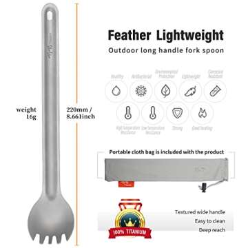 TiTo Titanium Long Handle Spork and Spoon Eco-Friendly Ultralight Portabale Flatware for Outdoor Cam...