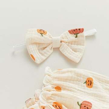 Gueuusu Newborn Baby Girl Fall Outfit Pumpkin Long Sleeve Cotton Linen Romper Smocked Bodysuit with Headband Set (Beige, 18-24 Months)