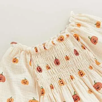 Gueuusu Newborn Baby Girl Fall Outfit Pumpkin Long Sleeve Cotton Linen Romper Smocked Bodysuit with Headband Set (Beige, 18-24 Months)