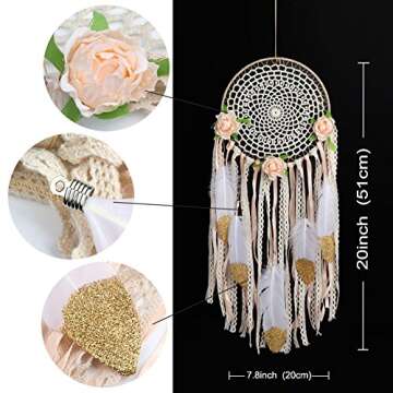 AerWo Boho Dream Catcher for Bedroom, Handmade White Gold Feather Flowers Dream Catchers for Girls Kids Nursery Bedroom Wall Decor Festival Gift (Dia 7.8" Length 20")