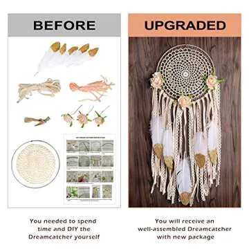 AerWo Boho Dream Catcher for Bedroom, Handmade White Gold Feather Flowers Dream Catchers for Girls Kids Nursery Bedroom Wall Decor Festival Gift (Dia 7.8" Length 20")
