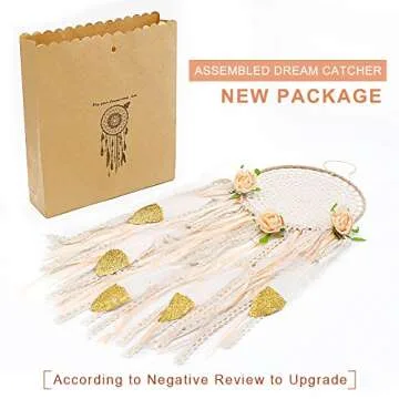 AerWo Boho Dream Catcher for Bedroom, Handmade White Gold Feather Flowers Dream Catchers for Girls Kids Nursery Bedroom Wall Decor Festival Gift (Dia 7.8" Length 20")