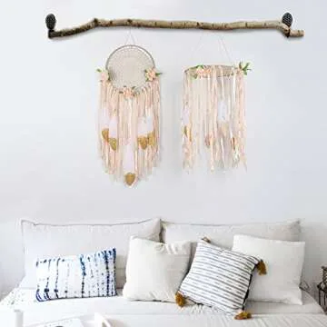 AerWo Boho Dream Catcher for Bedroom, Handmade White Gold Feather Flowers Dream Catchers for Girls Kids Nursery Bedroom Wall Decor Festival Gift (Dia 7.8" Length 20")