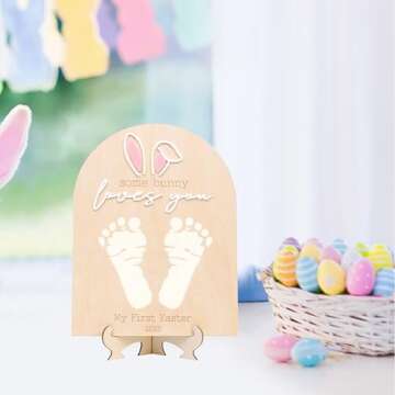 Some Bunny Loves You Footprint Sign- Easter Footprint Sign, Easter Bunny Wooden Board, Custom Newborn Easter Sign, Easter Party Decorations Supplies (Easter Footprint 1)