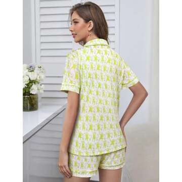FEMLE Womens Pajamas Set 2 Piece Button Down Monkey Heart Kawaii Shorts Set Y2k Cute Animal Preppy Loungewear Pjs
