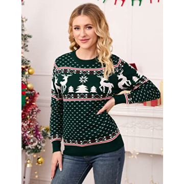 MISSKY Ugly Sweater Christmas Women Crew Neck Long Sleeves Christmas Tree Reindeer Snowflakes Sweaters Winter Holiday Knit Pullover Green XL