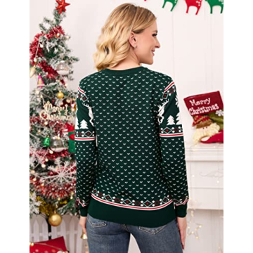 MISSKY Ugly Sweater Christmas Women Crew Neck Long Sleeves Christmas Tree Reindeer Snowflakes Sweaters Winter Holiday Knit Pullover Green XL