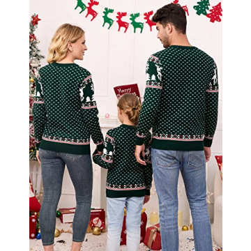 MISSKY Ugly Sweater Christmas Women Crew Neck Long Sleeves Christmas Tree Reindeer Snowflakes Sweaters Winter Holiday Knit Pullover Green XL