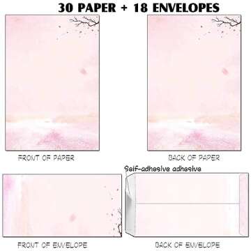 30 Stationery Writing Paper with 18 Self Adhesive Envelopes, Stationary Set for Writing Letters, Cute Stick Stationary Set, 6 Unique Designs, Double Sided Printing (48)