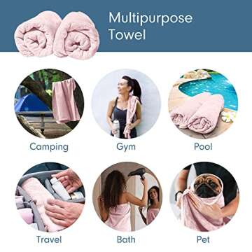 Scala (2 Pack Extra Large Microfiber Hair Towel 24" x 48" Anti Frizz for Long Hair, Multipurpose Bath Towel for Pool, Gym, Yoga, Camping - Quick Drying, Ultra Absorbent - Light Pink Towels