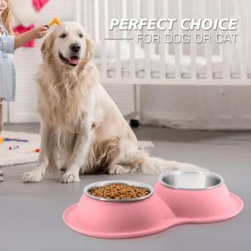 AIANDE Dog Bowls with Mat Dog Bowl Set Large for Medium Dogs Pink, Stainless Steel Double Dog Food B...