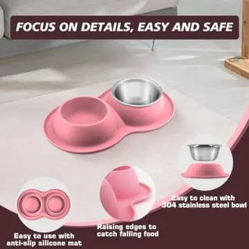 AIANDE Dog Bowls with Mat Dog Bowl Set Large for Medium Dogs Pink, Stainless Steel Double Dog Food Bowls, No-Slip Silicone Rubber Pet Bowls for Cats Dogs, 4 Cup Pet Bowls Deeper for Food and Water
