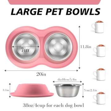 AIANDE Dog Bowls with Mat Dog Bowl Set Large for Medium Dogs Pink, Stainless Steel Double Dog Food Bowls, No-Slip Silicone Rubber Pet Bowls for Cats Dogs, 4 Cup Pet Bowls Deeper for Food and Water