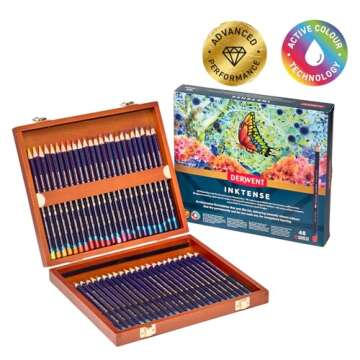 Derwent Inktense Pencils 48 Wooden Box, Set of 48, Premium 4mm Round Core, Firm, Watersoluble, Ideal for Watercolor, Drawing, Coloring and Painting on Paper and Fabric, Professional Quality (2300151)