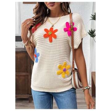 Milumia Women's Color Block Flower Short Sleeve Sweater Plullover Knit Tops Apricot Large