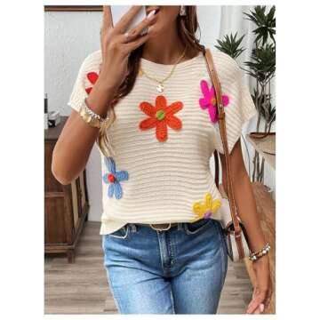 Milumia Women's Color Block Flower Short Sleeve Sweater Plullover Knit Tops Apricot Large