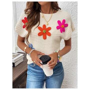 Milumia Women's Color Block Flower Short Sleeve Sweater Plullover Knit Tops Apricot Large