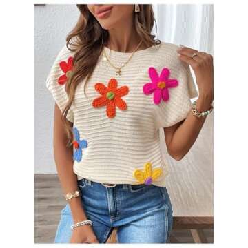 Milumia Women's Color Block Flower Short Sleeve Sweater Plullover Knit Tops Apricot Large