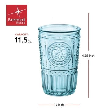 Bormioli Rocco Romantic Set Of 4 Tumbler Glasses, 11.5 Oz. Colored Crystal Glass, Light Blue, Made In Italy.