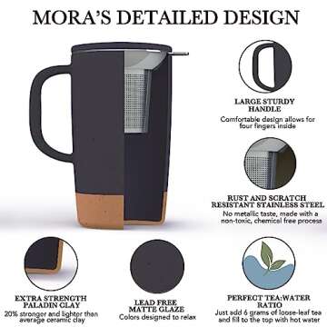 Mora Ceramics Large Tea Mug with Loose Leaf Infuser and Ceramic Lid, 18 oz, Portable, Microwave, Dishwasher Safe, Tall Coffee Cup - Rustic Matte Ceramic Glaze, Modern Herbal Tea Strainer, Nightwaves