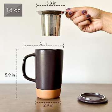 Mora Ceramics Large Tea Mug with Loose Leaf Infuser and Ceramic Lid, 18 oz, Portable, Microwave, Dishwasher Safe, Tall Coffee Cup - Rustic Matte Ceramic Glaze, Modern Herbal Tea Strainer, Nightwaves