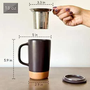 Mora Ceramics Large Tea Mug with Loose Leaf Infuser and Ceramic Lid, 18 oz, Portable, Microwave, Dishwasher Safe, Tall Coffee Cup - Rustic Matte Ceramic Glaze, Modern Herbal Tea Strainer, Nightwaves