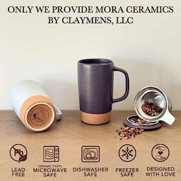 Mora Ceramics Large Tea Mug with Loose Leaf Infuser and Ceramic Lid, 18 oz, Portable, Microwave, Dishwasher Safe, Tall Coffee Cup - Rustic Matte Ceramic Glaze, Modern Herbal Tea Strainer, Nightwaves