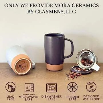 Mora Ceramics Large Tea Mug with Loose Leaf Infuser and Ceramic Lid, 18 oz, Portable, Microwave, Dishwasher Safe, Tall Coffee Cup - Rustic Matte Ceramic Glaze, Modern Herbal Tea Strainer, Nightwaves
