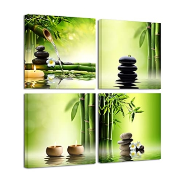Pyradecor Modern 4 Panel Stretched Contemporary Zen Canvas Prints Perfect Bamboo Green Pictures on C...