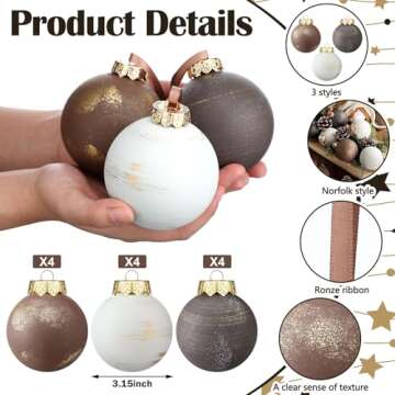 Yunlly 12 Pcs Large Textured Christmas Balls Ornaments Neutral Copper Christmas Ornaments Vintage Rustic Xmas Hanging Ornaments Decoration Farmhouse Christmas Decor for Xmas Tree (Textured,3.15 Inch)