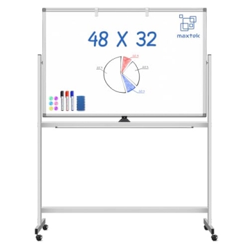 Large Rolling White Board, 48x32 in Double-Sided Mobile Whiteboard with Stand