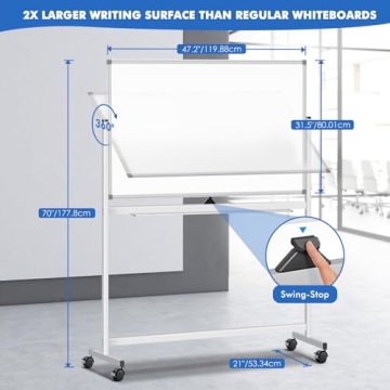 Large Mobile Whiteboard on Wheels for Classrooms and Offices