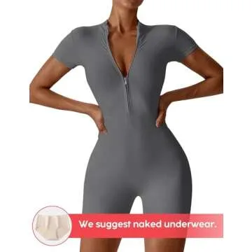 YEOREO Women Short Sleeve Workout Jumpsuit Zip Up Romper - Flattering Bodysuit
