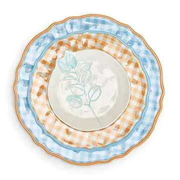 Two's Company Gingham Garden Set of 4 Melamine Dinner Plates Includes 4 Colors