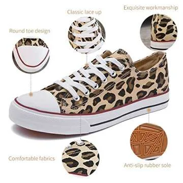 ZGR Women s Canvas Low Top Sneaker Lace-up Classic Casual Shoes Black and White (US8, Leopard)
