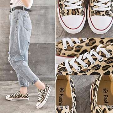 ZGR Women s Canvas Low Top Sneaker Lace-up Classic Casual Shoes Black and White (US8, Leopard)