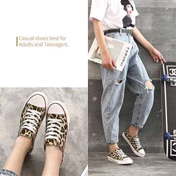 ZGR Women s Canvas Low Top Sneaker Lace-up Classic Casual Shoes Black and White (US8, Leopard)