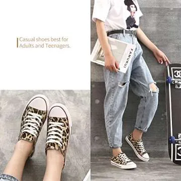 ZGR Women s Canvas Low Top Sneaker Lace-up Classic Casual Shoes Black and White (US8, Leopard)