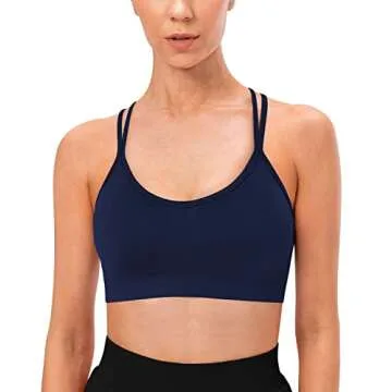 VEQKING Strappy Cross Back Sports Bra for Women Low Support Wirefree Bras for Workout Yoga 3 Pack Black/White/Blue