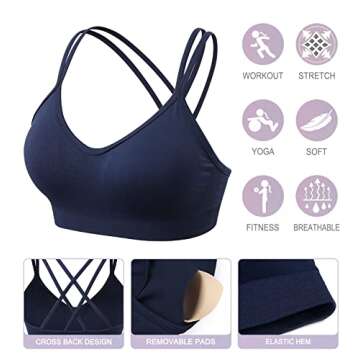 VEQKING Strappy Cross Back Sports Bra for Women Low Support Wirefree Bras for Workout Yoga 3 Pack Black/White/Blue