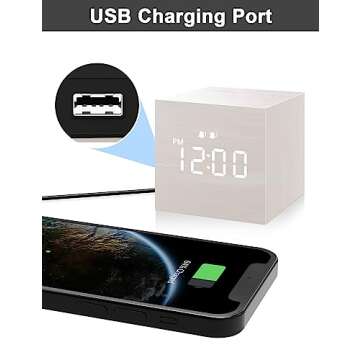 Digital Alarm Clock, with Wooden Electronic LED Time Display, 3 Alarm, 2.5-inch Cubic Small Mini Woo...