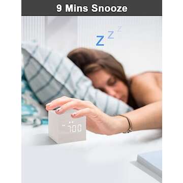 Digital Alarm Clock, with Wooden Electronic LED Time Display, 3 Alarm, 2.5-inch Cubic Small Mini Wood Made Electric Clocks for Bedroom, Bedside, Desk, White