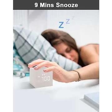 Digital Alarm Clock, with Wooden Electronic LED Time Display, 3 Alarm, 2.5-inch Cubic Small Mini Wood Made Electric Clocks for Bedroom, Bedside, Desk, White